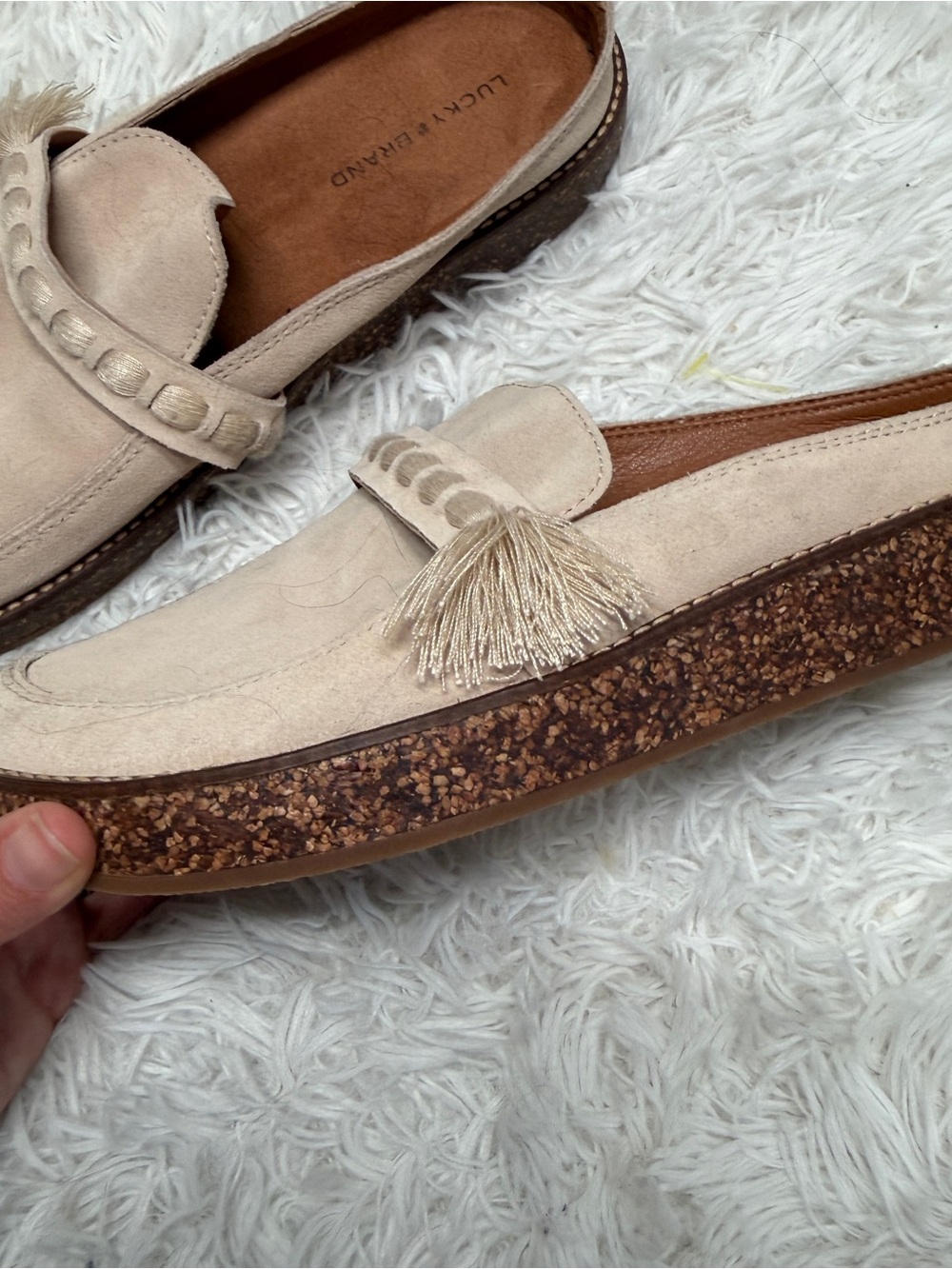 NWOT Lucky Brand Taniae Leather Suede Cork Mules Size 8.5 Tassels - Picture 2 of 5